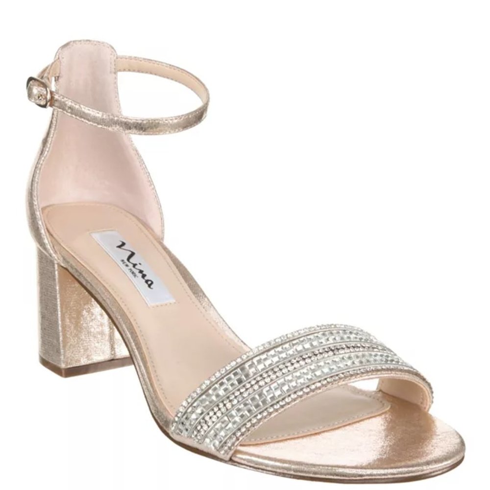 NWT Nina Womens Silver Elenora Rhinestone Ankle Strap Block Heel Shoe SIZE 7M